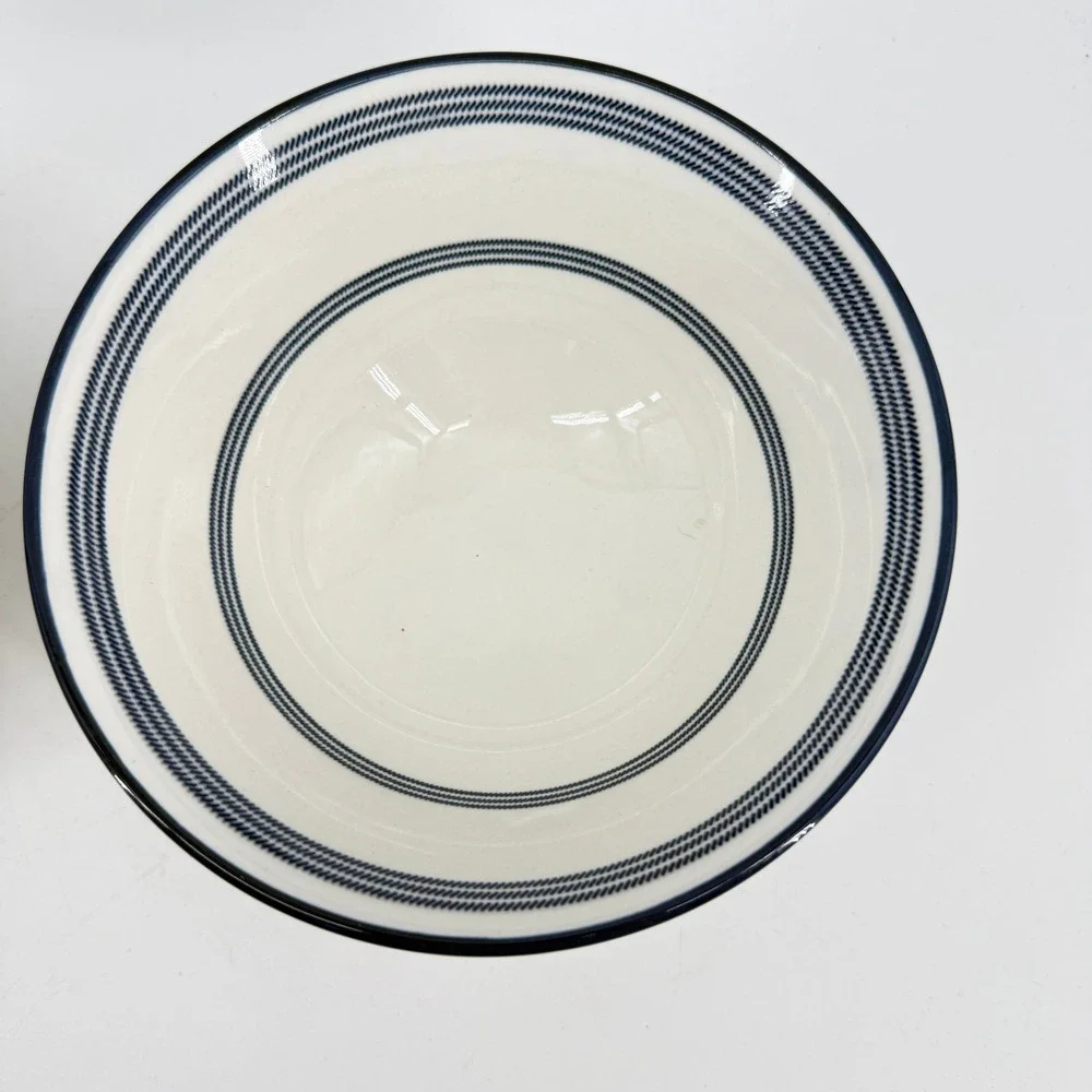 Cereal Bowls Set of 2 White Navy Blue Striped Nautical Coastal Style Tall Soup